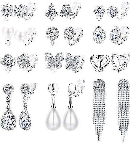 Kakonia 12Paires Boucles d'oreilles à Clip pour Femme Filles Non PercÉes Perle Cristal Strass Argent Or Pendantes Boucles d'Oreilles à Clip à La Mode