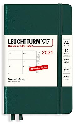 LEUCHTTURM1917 367623 Wochenkalender Pocket (A6) 2024, mit Extraheft für Adressen und Jahrestage, Forest Green, Deutsch, 12 Monate