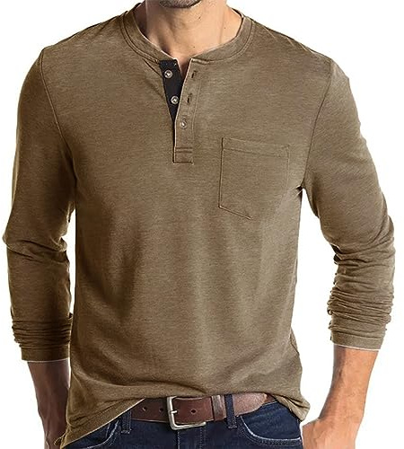Olidarua Mens Fashion Long Sleeve Henley Shirts Casual Button T Shirts with Pocket