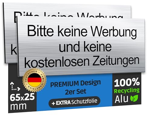 SCHILDERBOXX 2er Set Keine Werbung Aufkleber 65x25mm, 100% Alu | Extra-starkes Klebeband - Schild Briefkasten Selbstklebend, Kostenlose Zeitungen Verboten