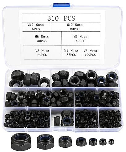310 Pcs Nylock Nuts, Self Locking Nuts, Nylon Insert Lock Nut, Carbon Steel Black Hex Thread Hexagon Nut with Nylon Inserts for Bolts Screws Components, M3 M4 M5 M6 M8 M10 M12