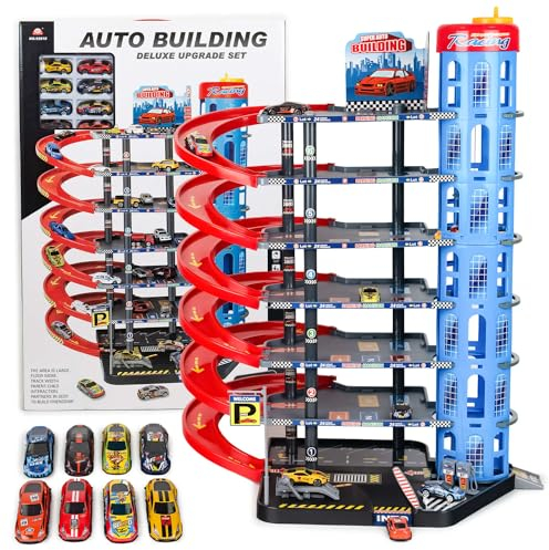 CELMAN Parkgarage Spielset für Kinder - Multilevel Spielzeugauto Parkhaus mit Handbetriebener Aufzug inkl. 8 Metall Autos, Helikopter und Zubehör, Spielzeug für Kinder ab 3 4 5 6 7 8 Jahren