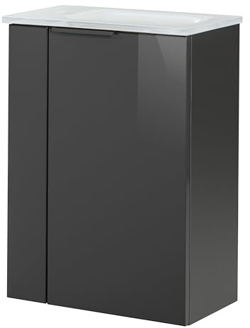 FACKELMANN Luna Gäste-WC Set 2 Teile – Waschtischunterschrank in Anthrazit mit Waschbecken aus Glas in Weiß – SBC Waschbeckenunterschrank schmal – Türanschlag rechts – 45 cm breit