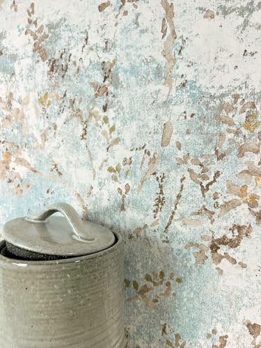 Newroom Vliestapete Blau Blätter Floral Landhaus Mustertapete | Shabby Chic mit Goldakzenten, changierende Struktur, textile Anmutung, Vintagetapete, Wandtapete, Tapete, Wohnzimmer