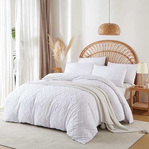 Boho Bettwäsche 135x200 Weiß Kariert Bettbezug Set und Kissenbezug 80x80cm | Mädchen,Bohemian Deko,Einzelbett,Aesthetic,Vintage,Getuftet,Oeko-tex,Weiche Microfaser,Wendebettwäsche,2teilig,Reißverschluss