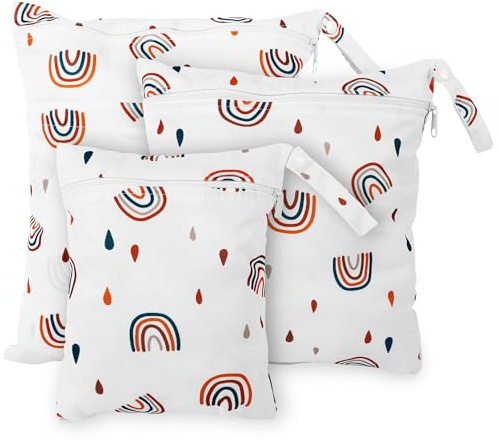 Rinfency 3 Stück Wetbag Groß Kindergarten für Baby Personalisiert Nappy Bag, Lässig Nasstasche Wechselwäsche Schwimmsachen wasserdichte Windeltasche, Klein Bikini Wet Bag Schwimmen Set (Dinosaurier)