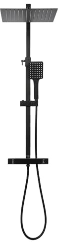 TONFEION Duschsystem mit Thermostat Schwarz, Duscharmatur Komplettset, Duscharmatur Edelstahl Regendusche mit Armatur inkl, Duschkopf mit Schlauch und Halterung, HöHenverstellbar Duschsäule