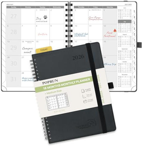 POPRUN Monthly Planner 2025-2026 22x16.5cm (18-Month: Jul'25 - Dec'26) Academic Diary A5 Month to View only Spiral Softcover, Sunday Start, Monthly Tab (Black)