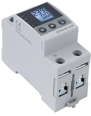 63A Überspannungsschutz Smart meter Stromzähler hutschiene 2P 230V AC LED-Digitalanzeige Selbstrückstellende Funktion Über-/Unterspannung und Überstrom können eingestellt werden (GPS8-05-U)