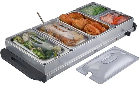 Cooks Professional 5-Section Buffet Warmer 9.6 Litre Capacity with Hotplate Function & Adjustable Temperature Control Dial | 450W X-Large Portable Electric Food Serving Tray | Silver
