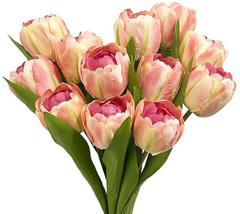 KUKKUME Artificial Tulips 12Pcs Tulips Artificial Flowers Silk Gradient Red Tulips Fake Tulips Faux Tulips Faux Tulips Flowers Bouquet with Stems for Home Wedding Garden Centerpiece Decorations