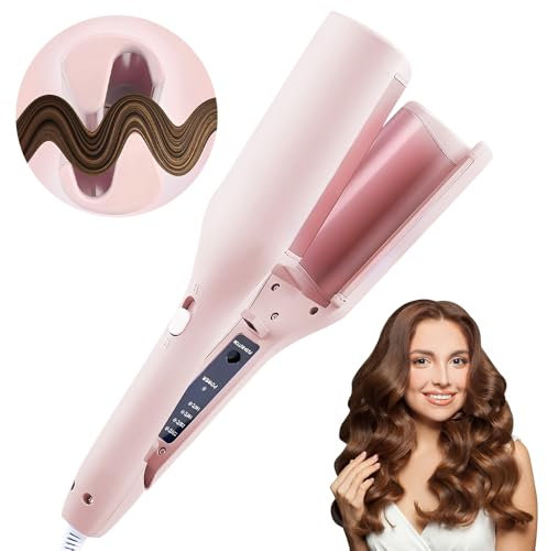 Ferro Arricciacapelli 32 mm 4 Temperature Regolabili per Onde Larghe e Beach Waves Piastra Involtini Francesi (Rosa)