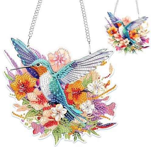 NAIMOER Hummingbird Diamond Painting Pendentif avec Chaîne, Peinture Diamant Oiseau Fleur Double Face Pendentif Adulte Enfant, DIY Ornament Pendant Kit pour Porte Fenêtre Hanging Décoration