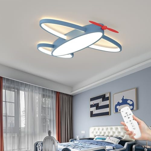 WJLL LED Deckenleuchte Kinderzimmer Leuchte Blau Flugzeug Deckenlampe Dimmbar mit Fernbedienung Pendelleuchte Metall Acryl Kinderlampe Jungen Mädchen Schlafzimmer Studie Beleuchtung Lampe Decke 60cm