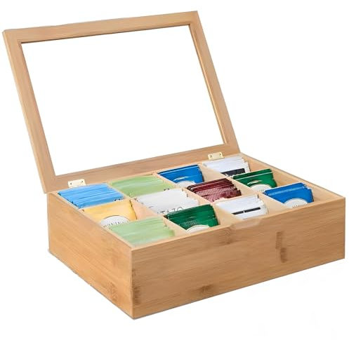 KTCINA Bamboo Tea Bag Organizer, 12 Compartments Wood Drawer Storage Holder Tea Storage Chest with Clear Lid Multipurpose Chest Box for Coffee Station, Sugar, Sweeteners, Small Packets(12 Grids)