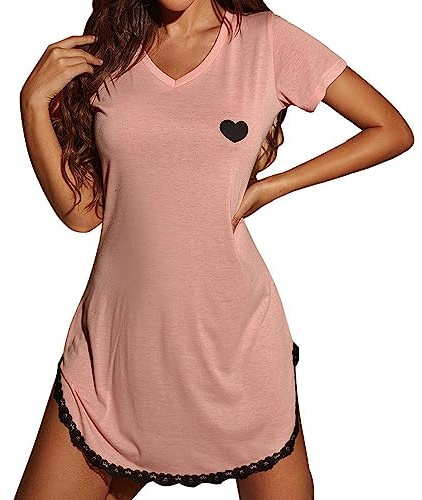 Bastwahl Tee Shirt Long Femme d'été Coton de Nuit Légère Manches Courtes Chemises T-Shirts Col Rond à Imprimé Rayé Motif Respirante Doux Tee Shirt Casual Sexy