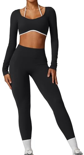 IDOPIP Sport-Set Damen Langarm Rückenfrei: Zweiteiler Gym Set Top mit integrierten Cups und hohe Taile Leggings mit Taschen - Sportkleidung für Fitness Yoga Pilates Workout schwarz M