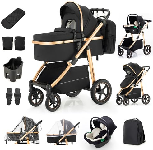Zkipm Baby Buggy, Multifunctional Stroller with Seat, 3 in 1 Travel System, Foldable Prams with Backpack, Rain Cover, Mosquito Net, Aluminium Frame, 0-4 Years, Up to 22 kg
