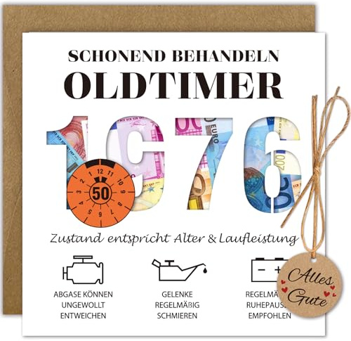 WenmthG Geldgeschenke Geburtstag 50 mit Umschlag, Karte 50 Geburtstag Mann - Lustig Geschenke zum 50 Geburtstag Mann - Schonend Behandeln 1976 Oldtimer