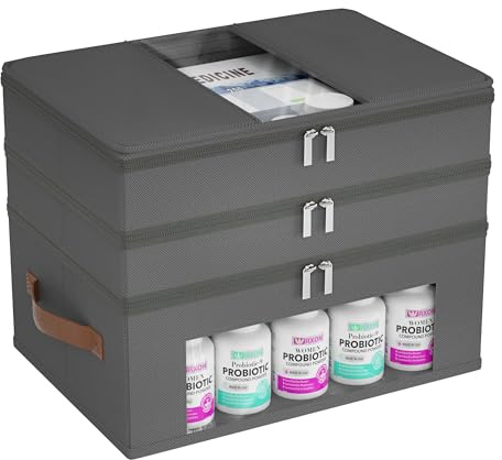 Whchiy Medikamentenbox, 3-stöckige Medikamenten Aufbewahrung Mit Ledergriff, Hausapotheke Box Medikamenten Organizer Medizinbox für Familie, Büro, Schule (Grau)