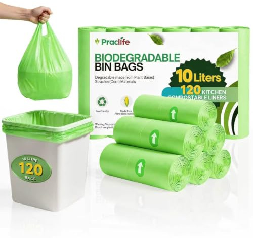 Biodegradable Food Waste Bags 10L Tie Handle, 120 Counts Compostable Caddy Bin Liners Food Recycling Trash Bags for Kitchen, 45 x 50 cm, Green
