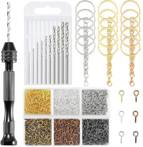 Hipzeepo Juego de Taladro Manual para Manualidades con Resina, Kit para Hacer Joyas con Tornillo de Banco con 10 Brocas, 600 Tornillos de Ojo, 15 Llaveros, para Resina Epoxi.