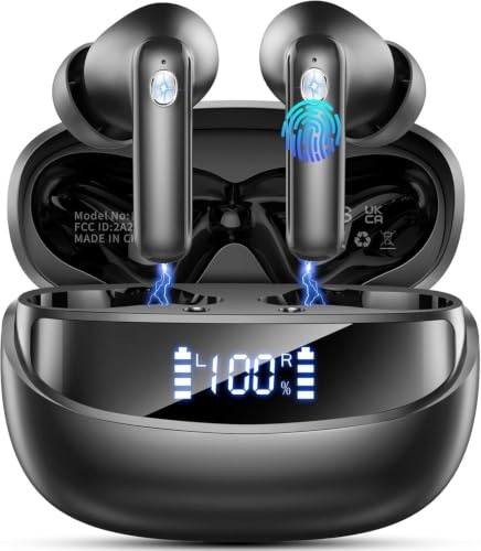Auriculares Inalambricos Bluetooth 5.4, Auriculares Bluetooth HiFi Estéreo con HD Mic, Auriculares in ear IP7, Mini Cascos Inalambricos con LED Pantalla, Reproducción de 8H, para Deportivos Trabajos