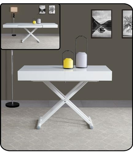 VOLERO' ; Table Transformable Peu encombrante, modèle Achille Large, mécanisme Montants avec réglage millimétrique de la Hauteur.(Laqué Blanc Brillant, Structure en Acier Blanc)