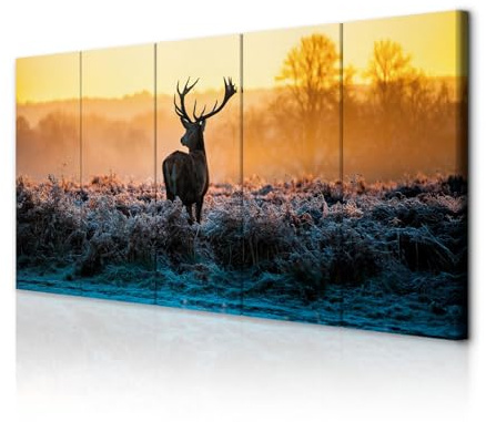 decomonkey Bilder Hirsch 200x80 cm 5 Teilig Leinwandbilder Wandbild Tiere | Bild auf Leinwand, Kunstdruck, Wanddeko, Wohnzimmer, Wanddekoration, Sonne, Sonnenuntergang, Natur, Landschaft