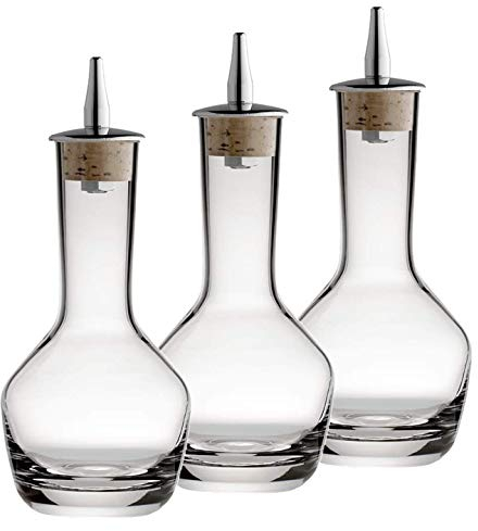Bitters Bottle - Lead free Crystal Glass with Cork and Stainless Steel Dasher Top, 3-ounce Craft Cocktail Bartending Accessories Set of 3