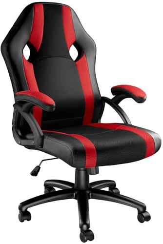 tectake® Silla Ergonómica Gaming, Silla de Estudio con Reposabrazos Ajustables, Mecanismo Basculante, Amortiguador de Gas, Giro de 360°, Office Chair, Acolchado Grueso, Gaming Setup - Negro/Rojo