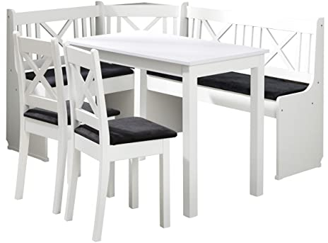 Eckbankgruppe Ixi 1, Küchensitzgruppe aus Erlenholz, Eckbank Gruppe besteht aus Kücheneckbank mit 2 Kästen, 2x Hocker, Tisch, Esszimmer, Sitzbank (Holzfarbe: Weiß, Stofffarbe: Amor Velvet 4322)