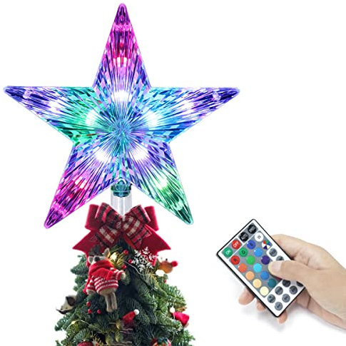 Cewuidy Christmas Tree Topper,LED 21 Modes Color Changing Multicolour with Versatile Remote Controller 9.5inch USB Powered Christmas Star Tree Topper for Xmas Holiday Ornament or Home Décor