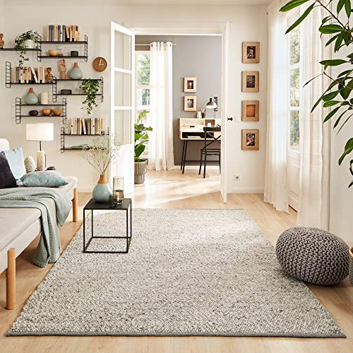 Steffensmeier Handwebteppich Rotach | Schurwolle Mit Fusselstopp, gewalkt, Grau, handgewebt, Größe: 130x190 cm Wohnzimmer und Schlafzimmer
