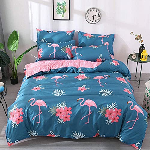 Loussiesd Copripiumino fenicottero, set di biancheria da letto con animali tropicali blu e rosa, per ragazze, bambini e donne, per camera da letto, a fiori, matrimoniale, con 2 federe per cuscino