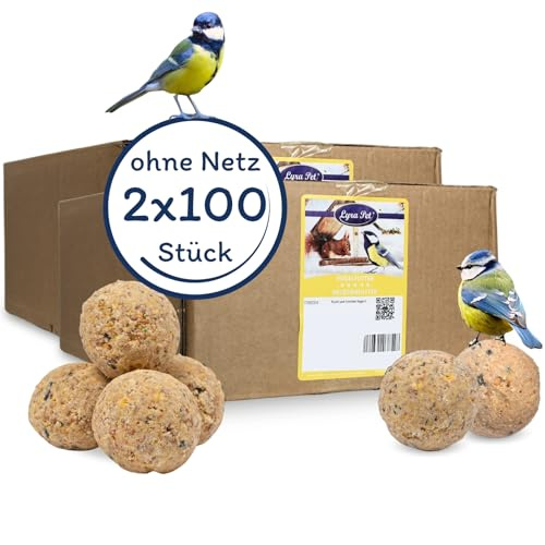 Lyra Pet® | 2 x 100 Ganzjahresknödel ohne Netz à 90 g = 18 kg | Energiespender für Körnerfresser | Abwechslungsreiches Wildvogelfutter | Meisenknödel Sommer Winter | Energie für Wildvögel | Energielieferant für Wildvögel - Mineralstoffreiches Wildvogelfutter für das ganze Jahr - Fetthaltig & Nährstoffreich