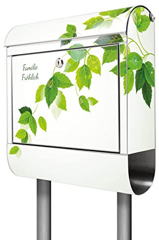 banjado® Briefkasten mit Standfuß personalisiert Motiv Ranke Gelb Weiß - Stand Briefkasten Edelstahl mit Zeitungsfach - Postbox/Postkasten A4 Einwurf inkl. Montagematerial & 2 Schlüssel