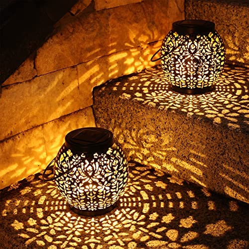 PhilzOps Farolillos Solares Exterior, 2 Piezas Luz Solar Jardín Blanco Cálido IP65 Impermeable Lampara Solar Colgante Luces Vintage para Césped Balcón Fiesta Mesa Caminos Camping Decoracion