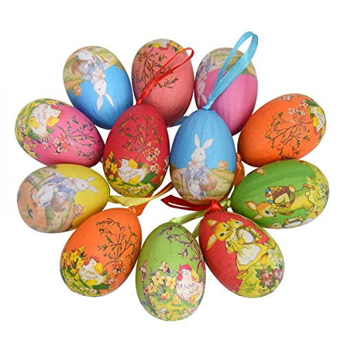 MOREASE 12 Stück Osterdeko Ostern Ei Deko zum Aufhängen, Bunt Ostereier Bunte Deko Bemalen Osterdekoration mit Seil für Osterbaum, Ostern Eier Basteln für Dekoration und Geschenke