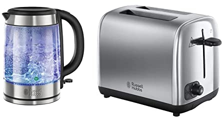 Russell Hobbs 21600-10 Illuminating Glass Kettle, Black, 1.7 Litre, 3000 Watt & 24080 Adventure Two Slice Toaster, Stainless Steel, 2 Slice, Brushed and Polished