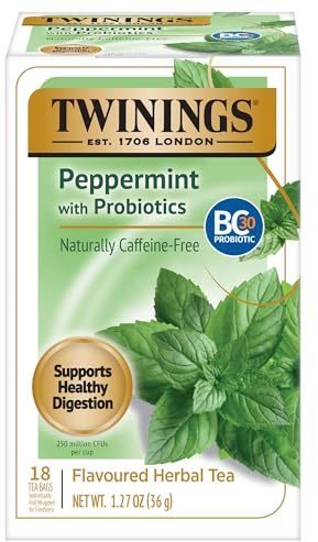 Twinings Superblends Probiotics+ Peppermint & Fennel Herbal Tea, 250 Million CFUs per Cup, 18 Tea Bags (Pack of 1), Naturally Caffeine-Free, Enjoy Hot or Iced