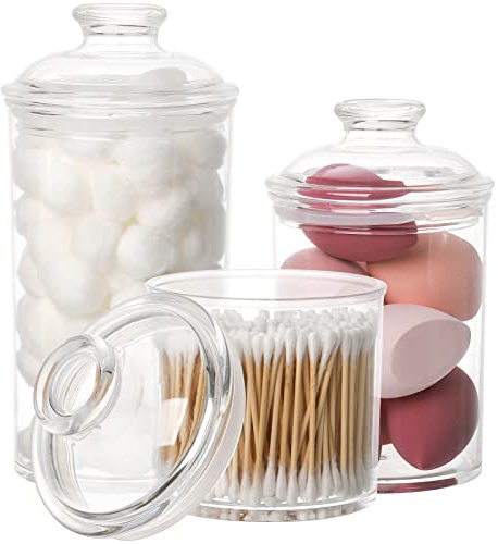 Lyellfe 3 Sizes Acrylic Apothecary Jars, Vanity Organizer Canister with Airtight Lids, Bathroom Qtip Holder, Clear Storage Jar for Candy, Bath Salt, Cotton Ball, Cotton Swab, 34 oz, 25 oz, 17 oz