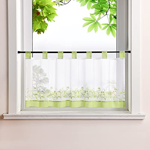 HeichkelL Voile Scheibengardine Ranken Stickerei Kurzstores mit farblichen Schlaufen Küchengardine Fenstervorhang Bestickt Grün HöhexBreite 45x90 cm