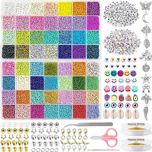 17455pcs 56 Farben 3mm Perlen für Armbänder Rocailles Perlen Set Perlen zum Auffädeln,Glasperlen zum Auffädeln,Perlenset für Ketten Ringe Ohrring Schmuckherstellung mit 655 Zubehör Buchstaben