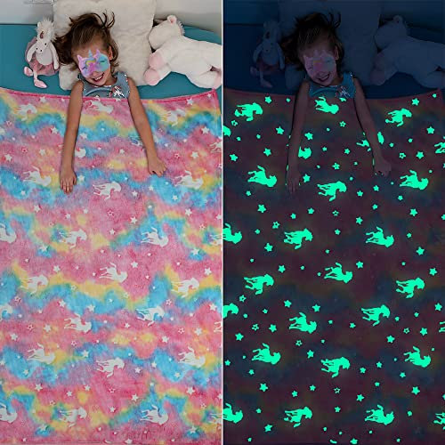 CHMMY Coperta Unicorno, Coperta per Bambini si Illuminano al Buio Unicorno Bambina Regalo, Coperta Calda in Flanella con Motivi a Stelle e Pony per Bambini, Ragazzi, Ragazze (Unicorno Multicolore)