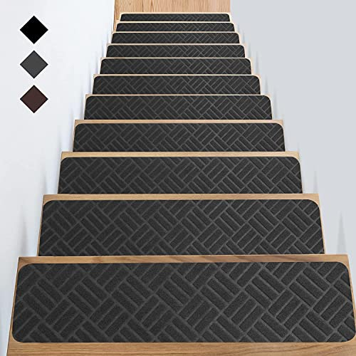Anti-Rutsch Teppich Stufenmatten Indoor 15 Stück Treppenteppich für Holzstufen Stufenteppich Treppenmatten Spezialisiert für Kinder, Senioren Und Hunde 76x20 cm (Schwarz Streifen,Set of 15 Treads)