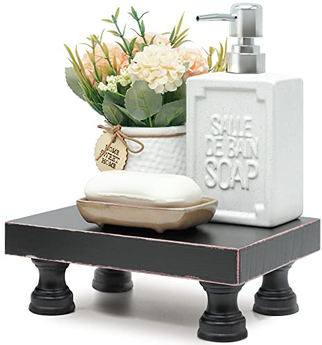 EOSAHR Modern Pedestal Stand for Kitchen Decor : Decorative Wood Riser for Display and Farmhouse Soap Dispenser Tray and Sponge Holder - Retro Countertop Organizer for Counter and Sink (Black)