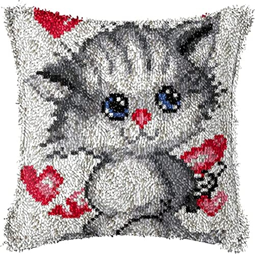 ROCKY&CHAO Tapis à nouer soi-même avec coussin - 43 x 43 cm - Ensemble de taies d'oreiller pour adultes et enfants - Kit d'accessoires d'intérieur (chat gris amour)