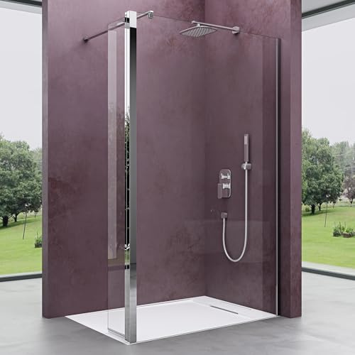 Mai & Mai Walk-In Duschwand für Dusche Duschabtrennung 140x200cm 10mm Klarglas mit 30cm Nebenteil ESG-Sicherheitsglas mit Nanobeschichtung Rechteckiger Stabilisator Bremen02K-Plus