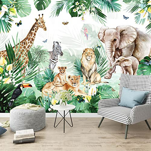 Bormia Kindertapete Safari Elefant Dschungel Tiere Wandbild Löwe Zebra Tiger Wandbild Druck für Kinderzimmer Kinderzimmer (nicht abziehbar)